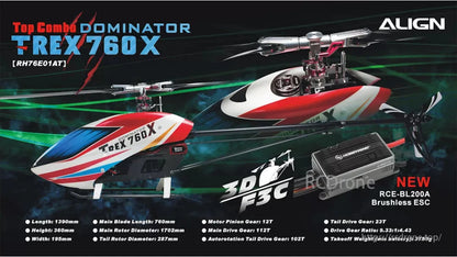 The Align T-REX 760X Top Combo RC Helicopter features brushless ESC, main blade length 760mm and other specifications.