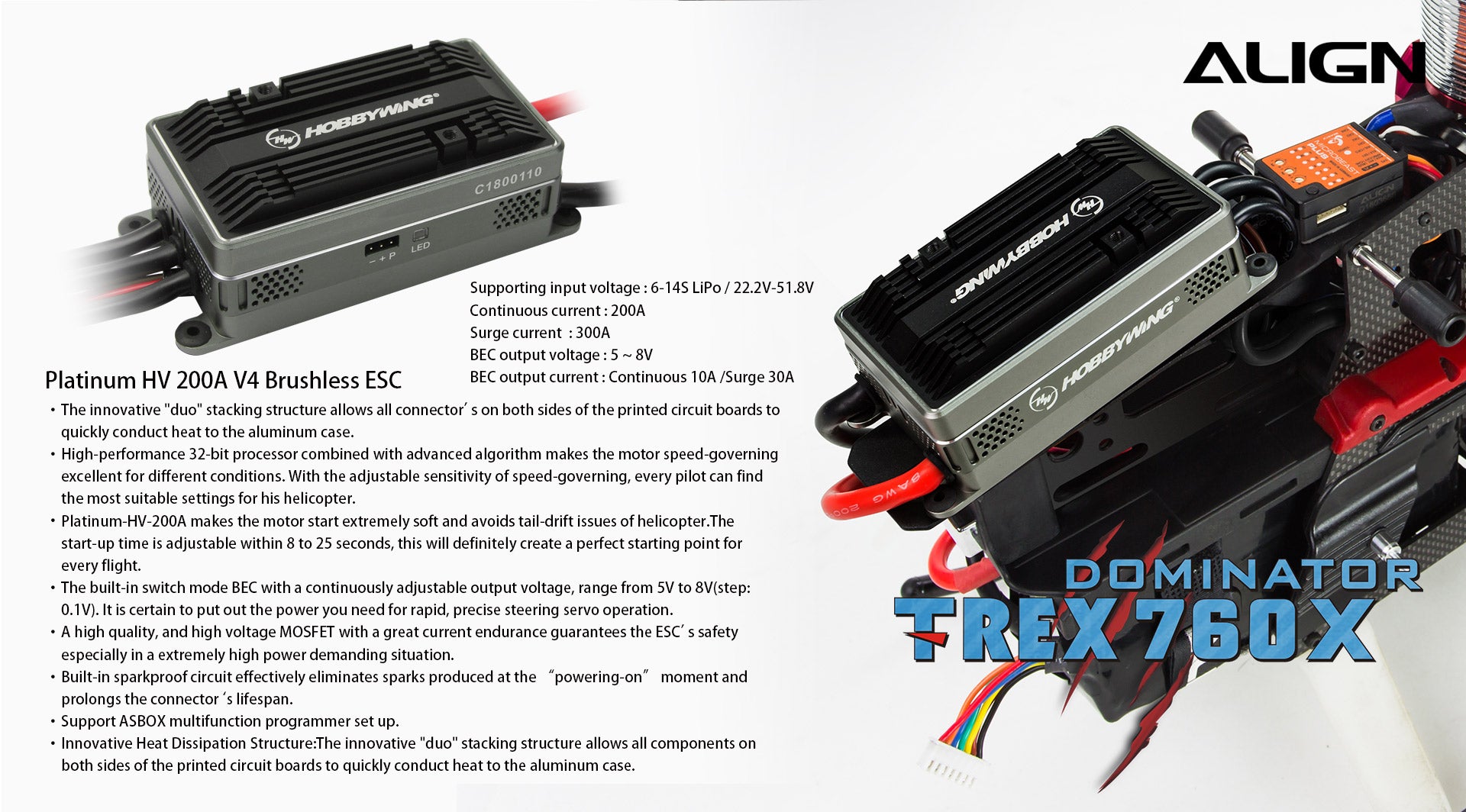 Align T-REX 760X Top Combo RC Helicopter, The T-REX 760X features a high-performance processor and advanced algorithm for precise motor control, with a duo structure for heat dissipation and a platinum ESC for smooth startup.