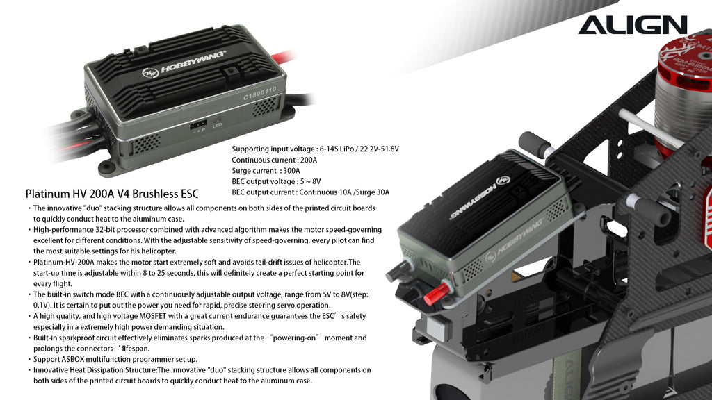 Align T-REX 800E Pro Helicopter, The Align T-REX 800E PRO Super Combo features high voltage and current capabilities, along with a unique heat dissipation design.