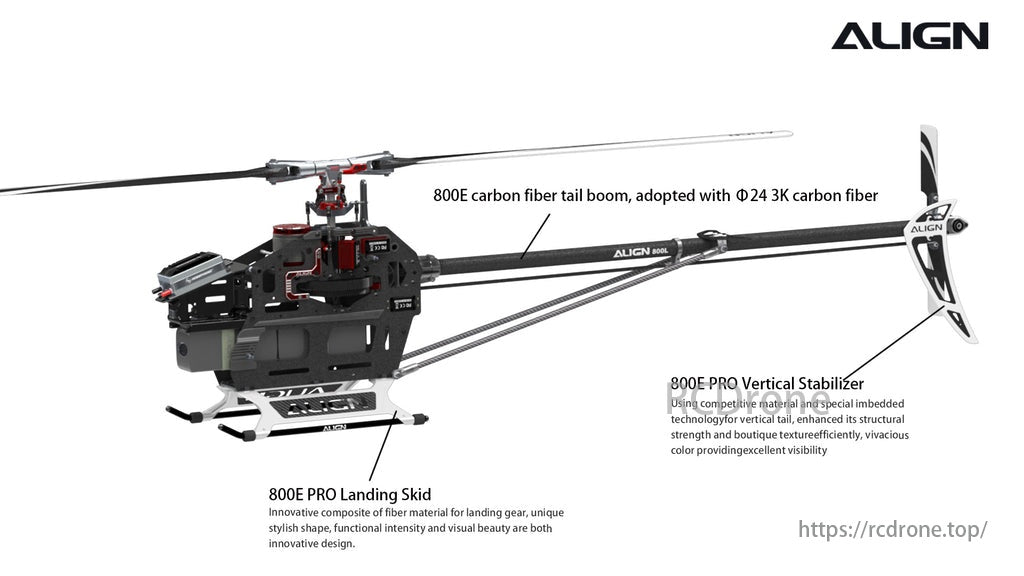 Align T-REX 800E Pro Helicopter, The Align T-REX 800E Pro features a strong combination of a carbon fiber tail boom and 3K vertical stabilizer for added strength and visibility.