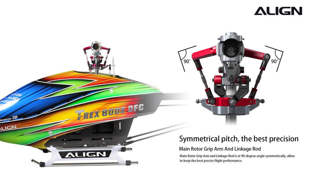 Align T-REX 800E Pro Helicopter, The Align T-REX 800E PRO has a symmetrical pitch main rotor and linkage rod for precise flight.
