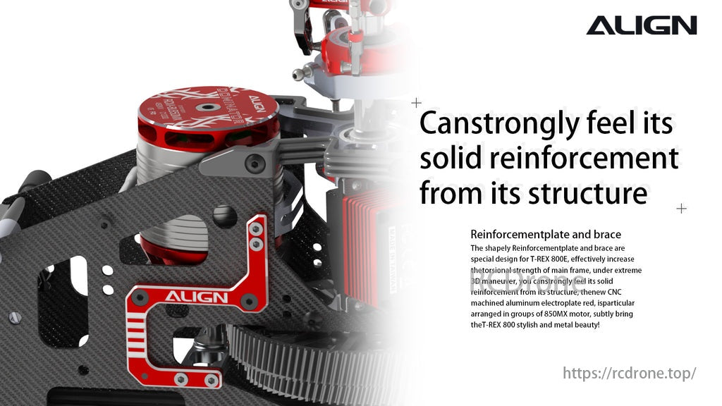 Align T-REX 800E Pro Helicopter, T-REX 800E PRO features a solid structure with reinforced plate and brace for increased torsional strength during extreme maneuvers.