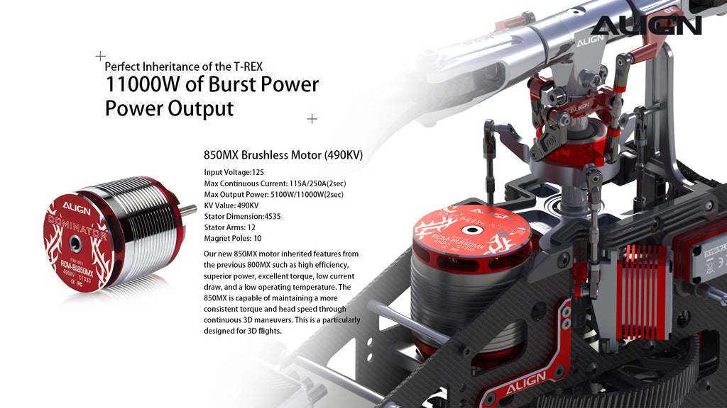 Align T-REX 800E Pro Helicopter, The Align T-REX 800E PRO features a powerful brushless motor with high efficiency, low power consumption, and quiet torque, ideal for 3D flights.