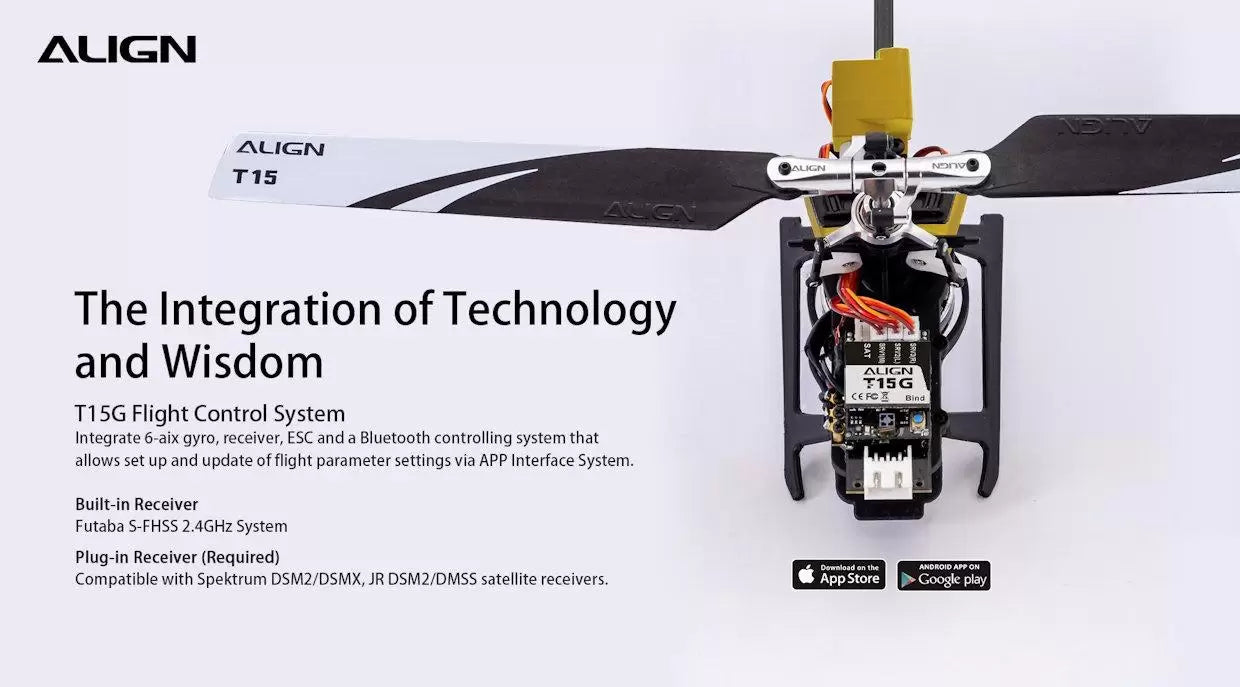 Align T-REX T15 RC Helicopter, The Align T-REX T15 RC Helicopter features technology integration, including a Futaba EC flight control system and Bluetooth connectivity for app-based parameter setup.