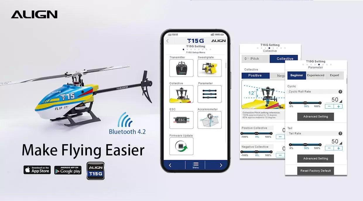 Align T-REX T15 RC Helicopter, Align T-Rex T15 RC Helicopter features collective pitch, swashplate design, and advanced settings for beginners and experts.