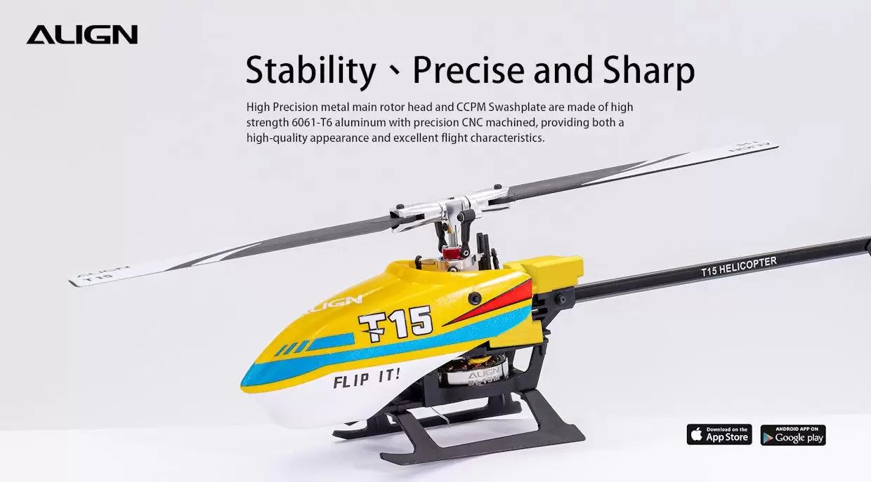 Align T-REX T15 RC Helicopter, The main rotor head and swashplate are made of high-strength aluminum with precise CNC machining for excellent flight performance.