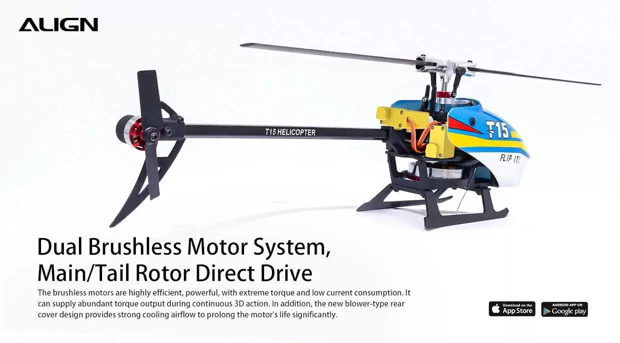 Align T-REX T15 RC Helicopter, The Align T-REX T15 RC Helicopter has a dual brushless motor system with direct drive for efficient power and continuous 3D action.