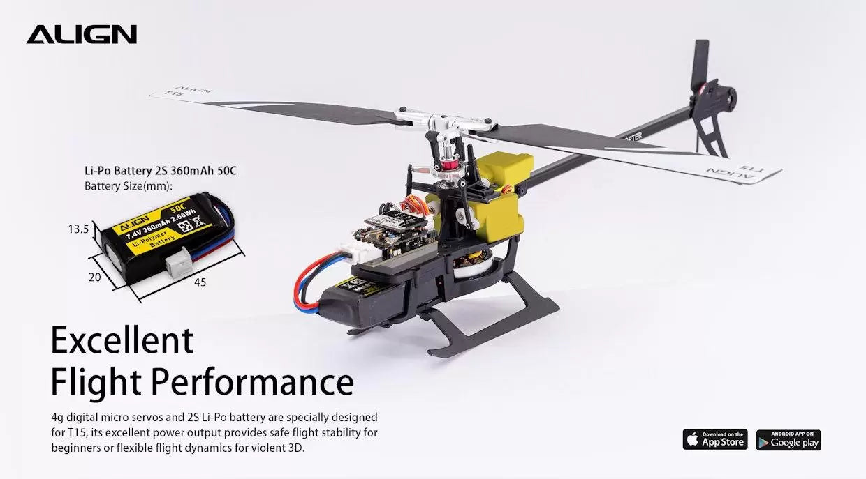 Align T-REX T15 RC Helicopter, Experience excellent flight performance with Align T-REX T15 RC Helicopter, featuring 4G digital micro servos and a 2S Li-Po battery.