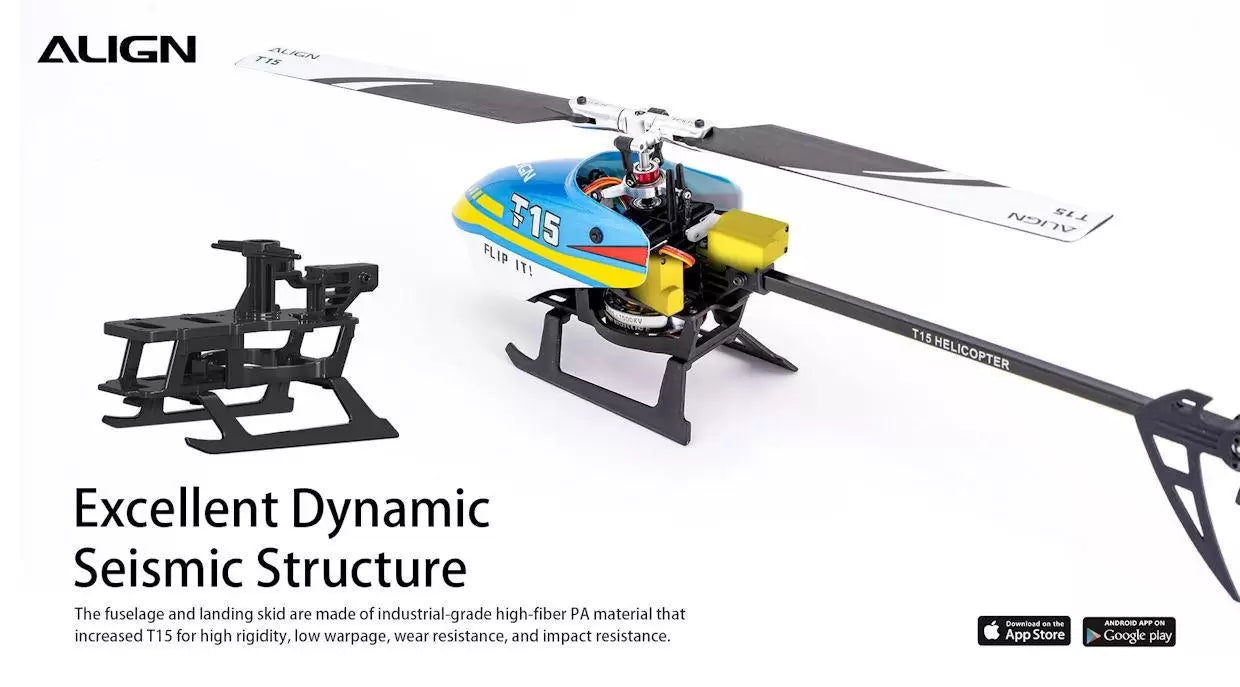 Align T-REX T15 RC Helicopter, The fuselage and landing skid are made of high-fiber PA material for high rigidity and durability.