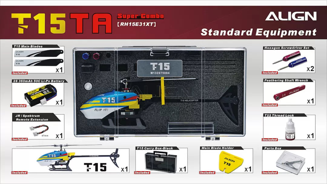 Align T-REX T15 RC Helicopter, T-REX T15 RC Helicopter includes folding blades, high-impact body, main rotor blades, optional Spektrum ETOUno, and spare parts.