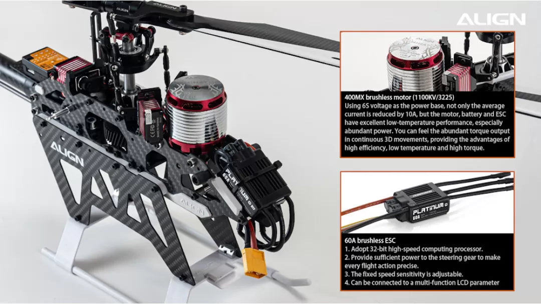 Align T-REX TB40 RC Helicopter, The ALICN T-REX TB40 RC Helicopter uses a brushless motor with 1100KV and 3225, providing excellent low-temperature performance.
