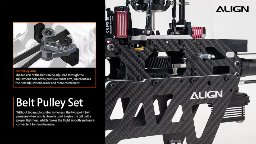 The ALIGN T-REX TB40 RC helicopter has an adjustable tension feature for easy and convenient belt tightening.