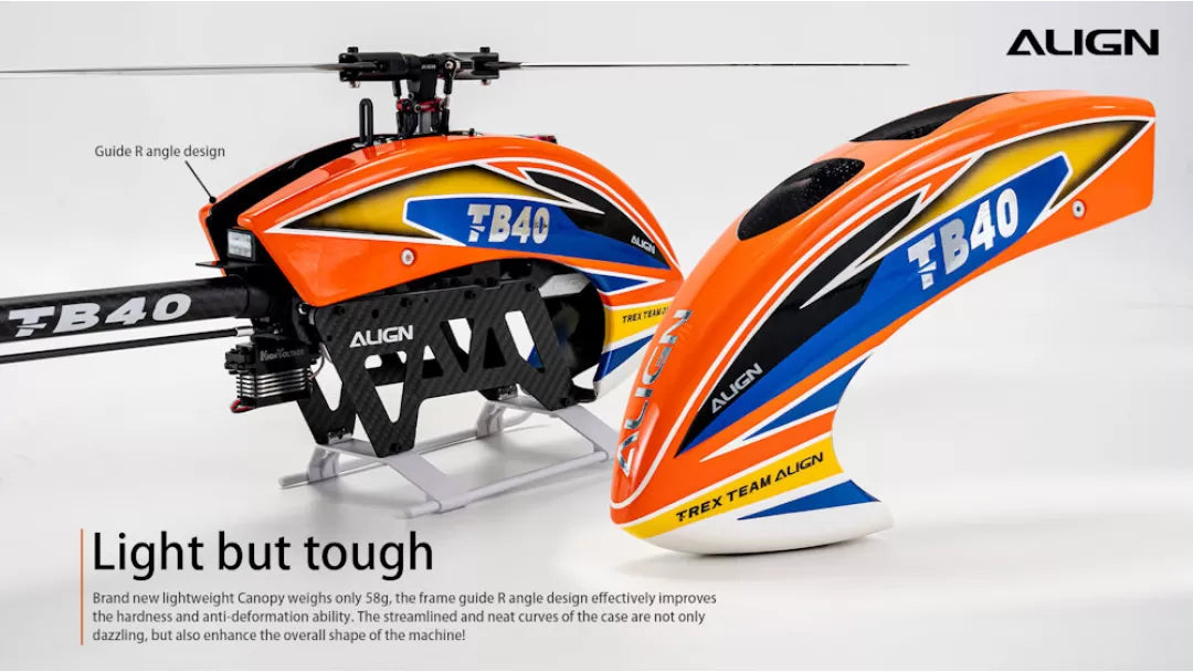 The Align T-Rex TB40 RC Helicopter has an R-angle design for improved hardness and deformation resistance.