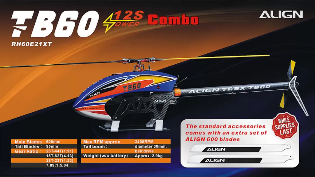 Align T-REX TB60 Electronic RC Helicopter, The drone comes with standard accessories, including extra blades and a belt drive system.