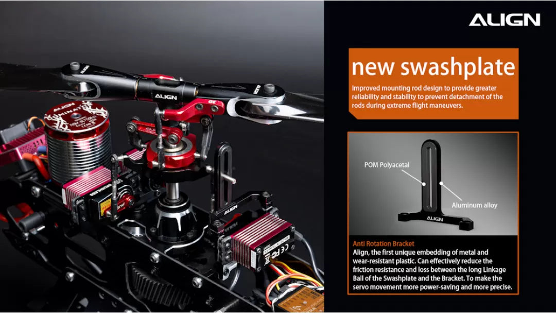 Align T-REX TB60 Electronic RC Helicopter, ALIGN introduces a new swashplate with improved mounting for reliability and stability, featuring metal and plastic integration.