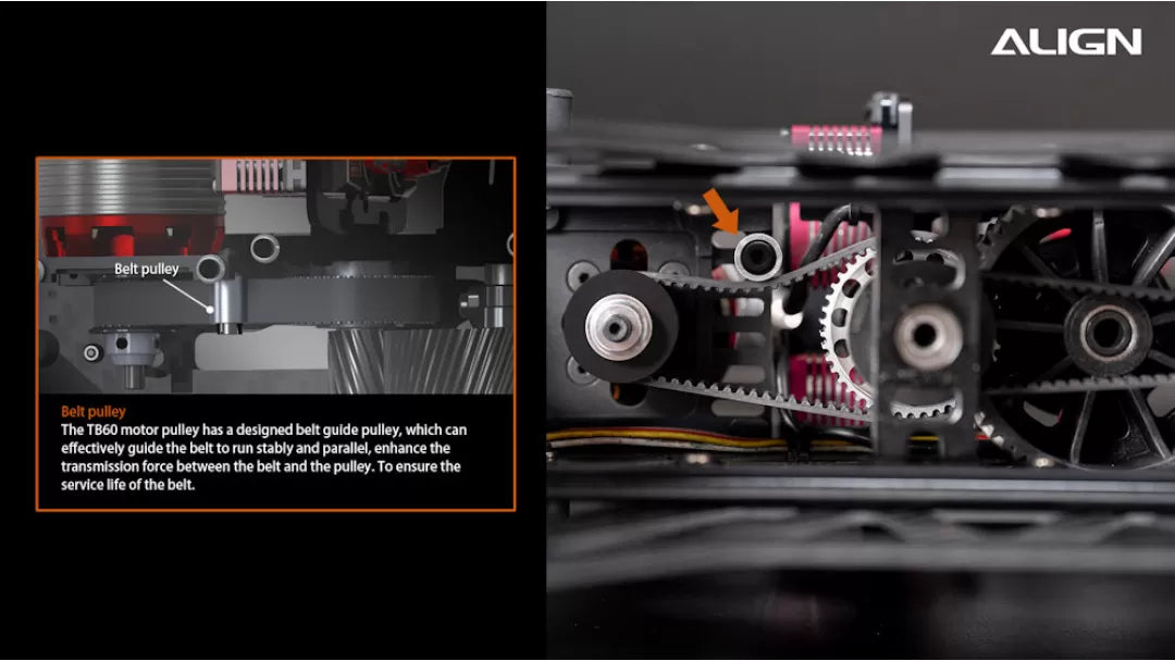 Align T-REX TB60 Electronic RC Helicopter, The TB60 motor pulley design features a belt guide pulley for stable and parallel torque transmission, increasing transmission force.