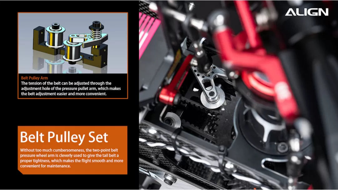 Align T-REX TB60 Electronic RC Helicopter, Belt tension can be adjusted through an adjustment hole on the pressure pulley arm for easier maintenance.