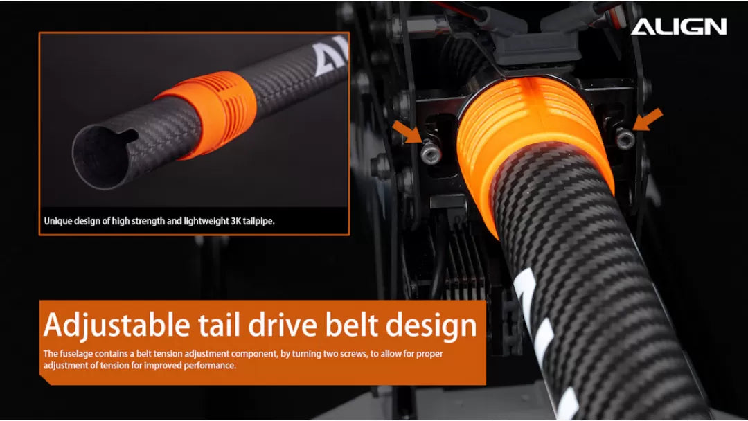 Align T-REX TB60 Electronic RC Helicopter, Design of lightweight 3D printed materials with adjustable tail drive belt for precise tension control and optimal performance.