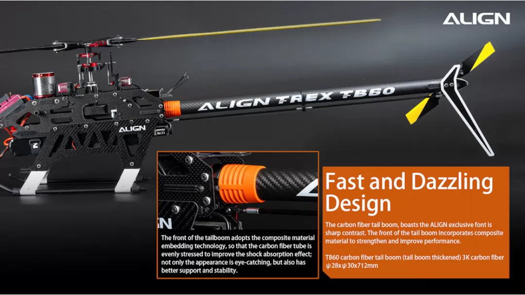 Align T-REX TB60 Electronic RC Helicopter, The ALIGN T-REX TB60 features a fast design with carbon fiber boom, strengthened by composite material for improved performance.
