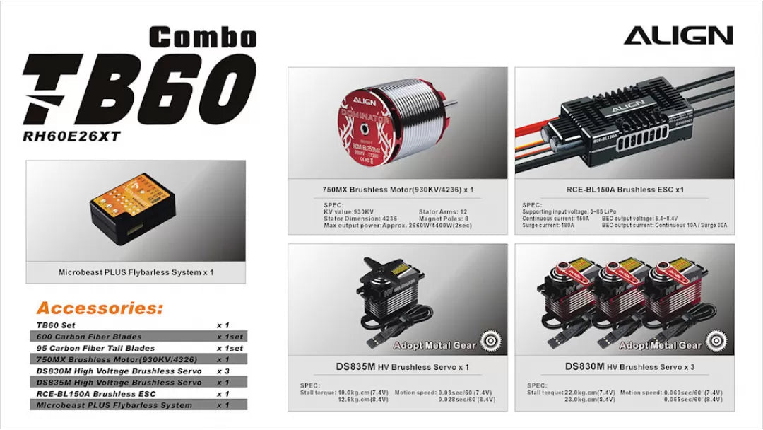 Align T-REX TB60 Electronic RC Helicopter, This product is an RC helicopter combo with electronic features, including a brushless motor, high-voltage servo, and ESC.