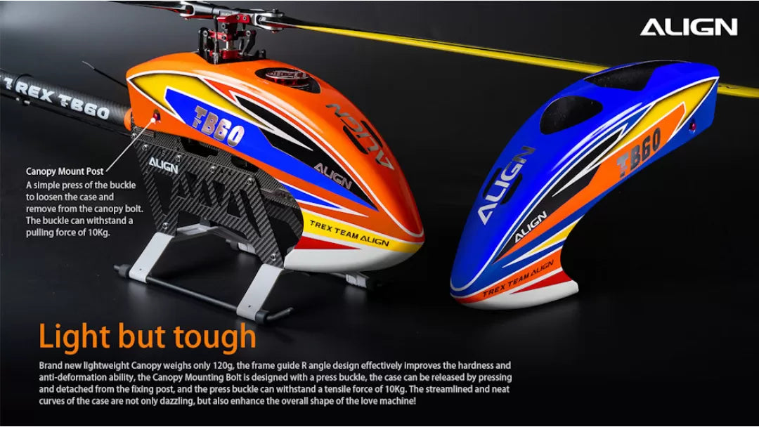 Align T-REX TB60 Electronic RC Helicopter, A buckle loosens the canopy case with a force of 10kg, improving hardness and deformation resistance.