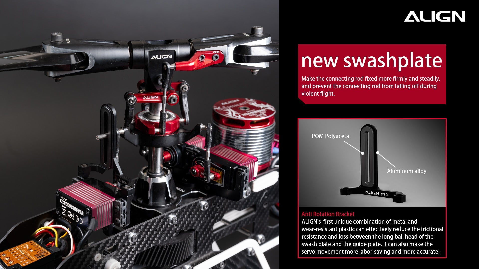 Align T-REX TB70 V2 RC Helicopter, T-REX TB70 V2 RC Helicopter Kit features improved connecting rod attachment and anti-rotation bracket for smooth turbulent flight.