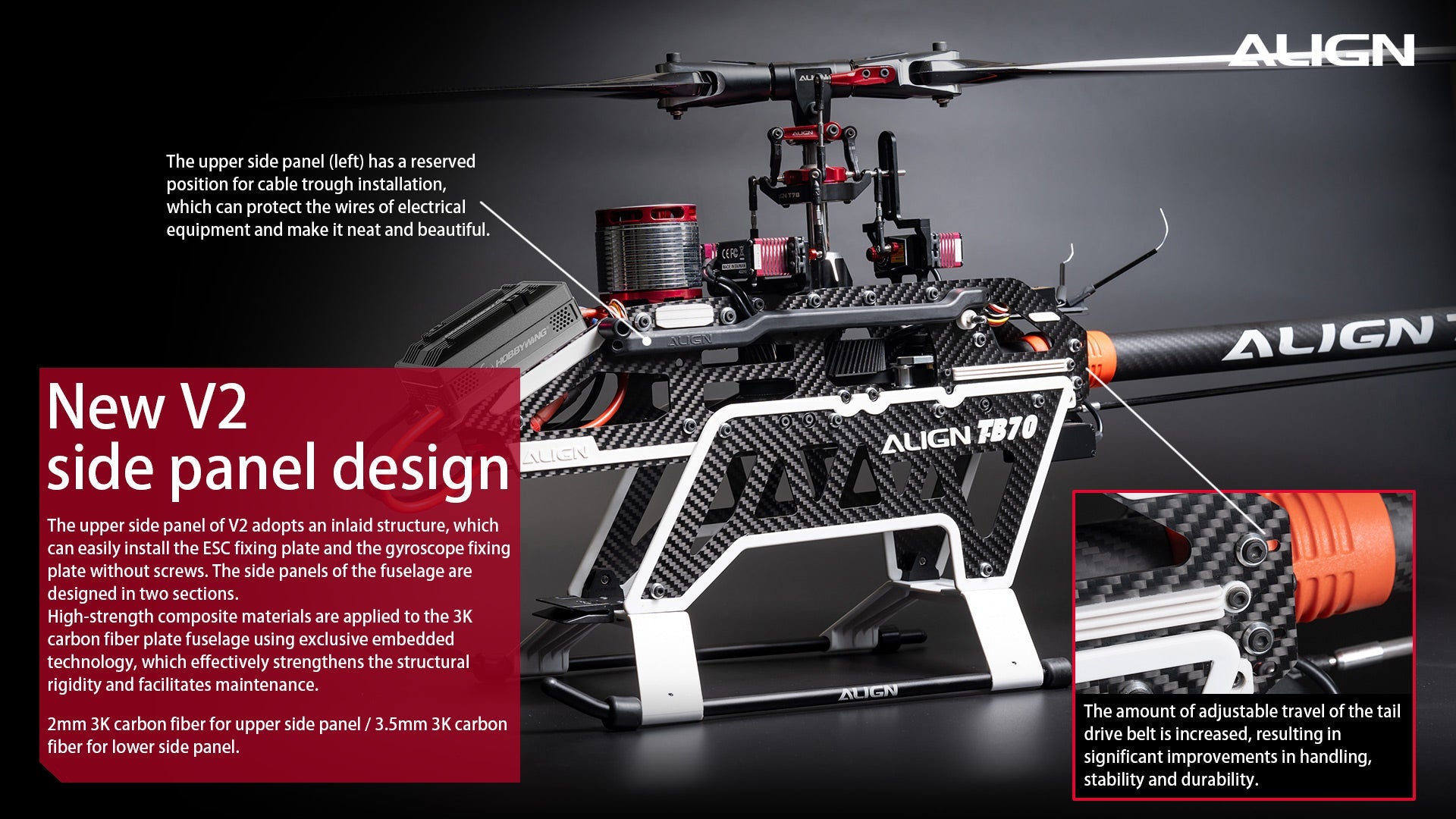 Align T-REX TB70 V2 RC Helicopter, The top combo features an innovative design with organized wire installation and easy ESC/gYROSCOPE plate installation.