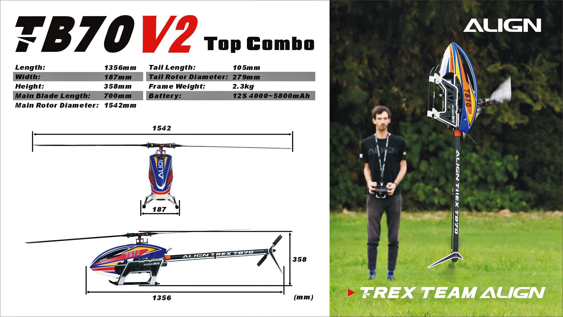 ALIGN T-REX TB70 V2 RC Helicopter Kit: A combo with a frame weight of 2.3kg and main blade size of 300mm.