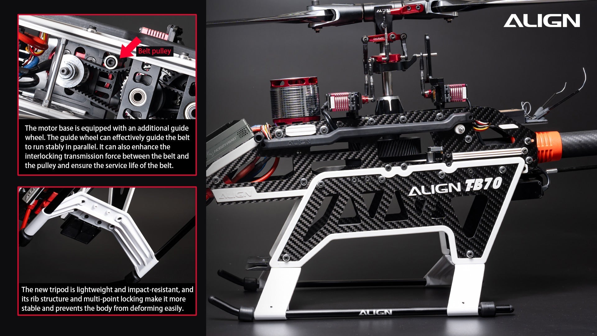The Align T-REX TB70 V2 RC Helicopter Kit features a stable motor base with a guide wheel and a lightweight, impact-resistant tripod.