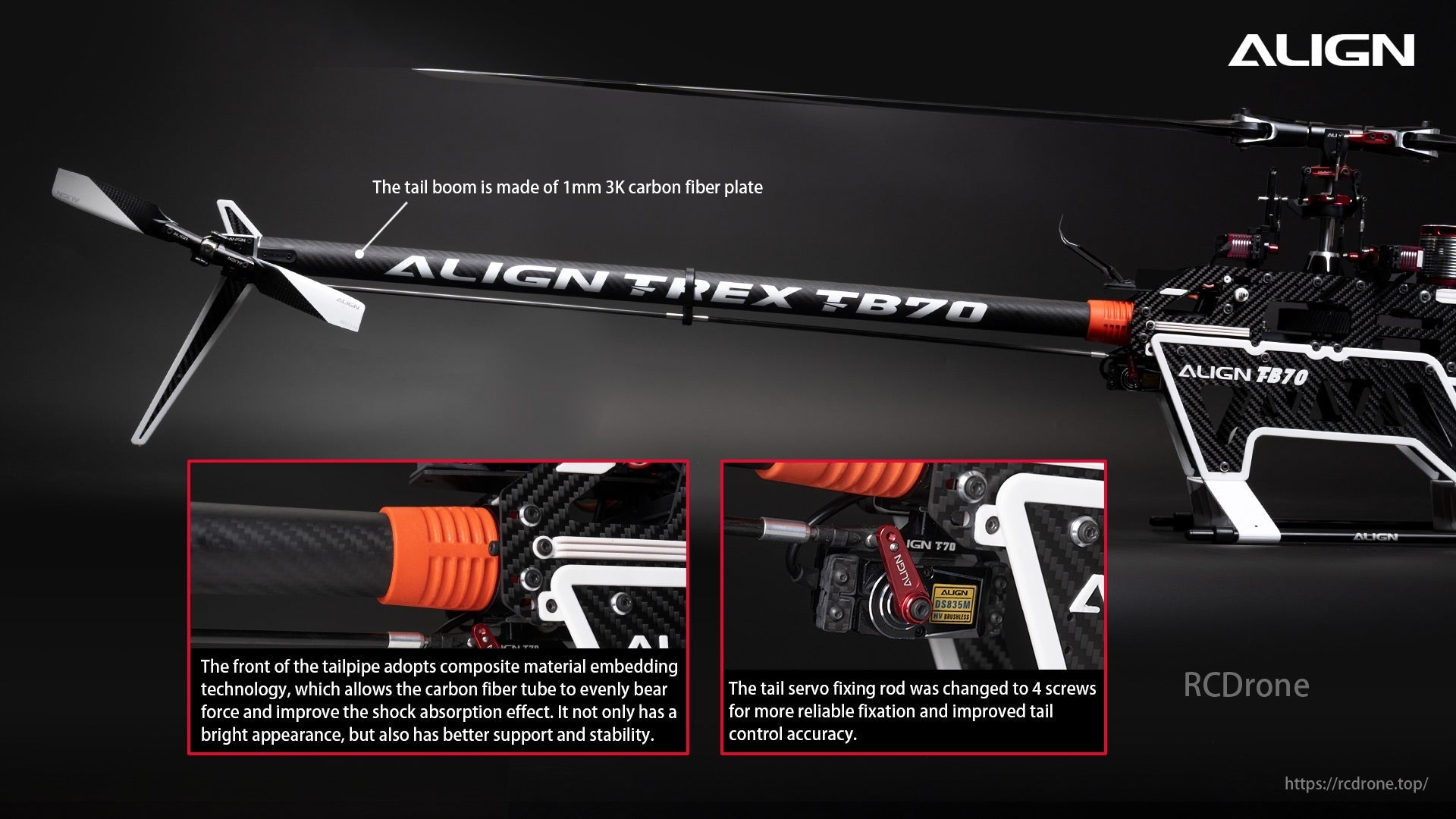 The ALIGN T-REX TB70 V2 RC Helicopter Kit features an Imm 3K carbon fiber plate tail boom with stress distribution technology.