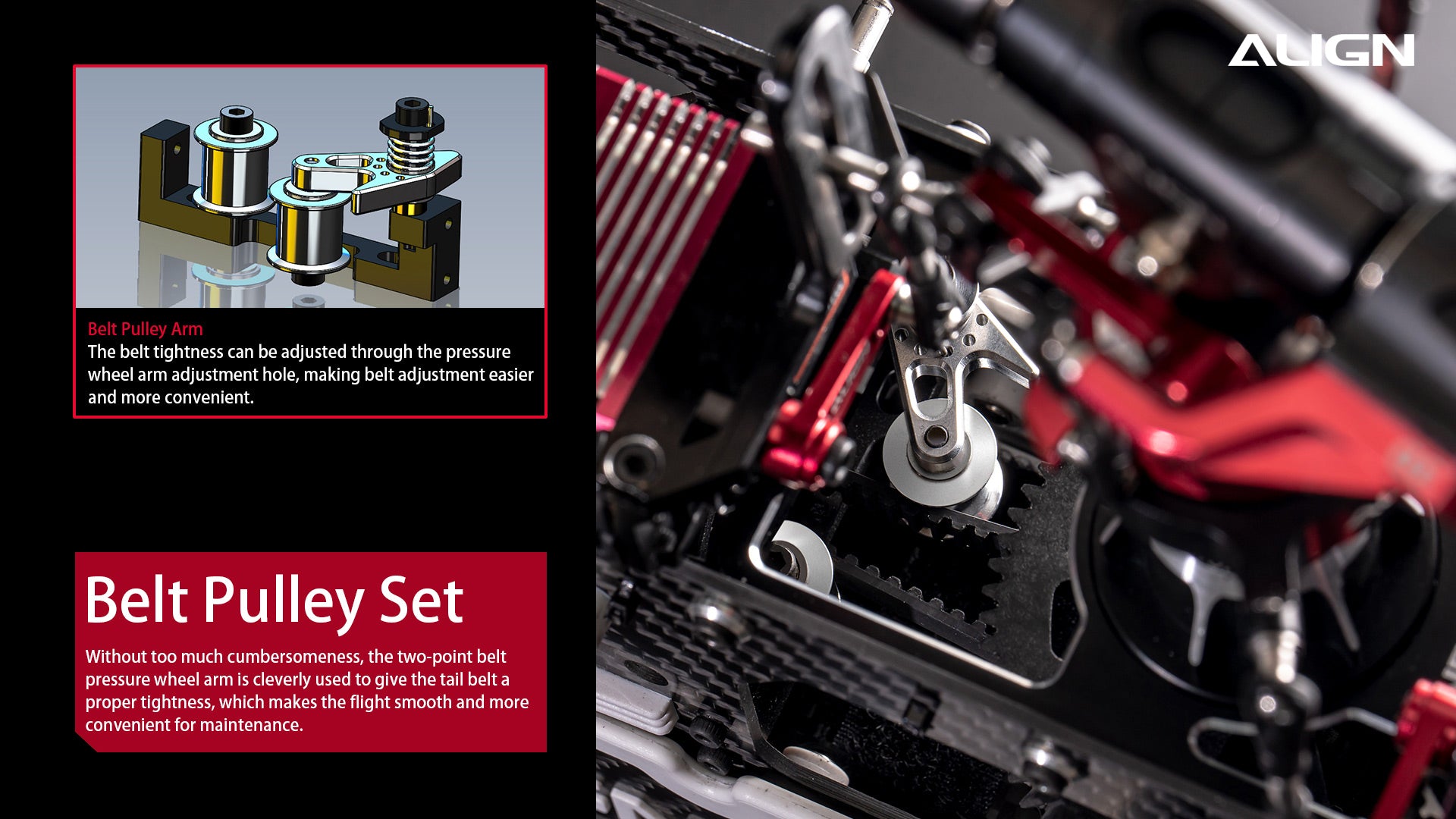 Align T-REX TB70 V2 RC Helicopter, The AGIGN belt pulley arm features adjustable tension through a pressure wheel hole, simplifying belt adjustments for smooth flights.