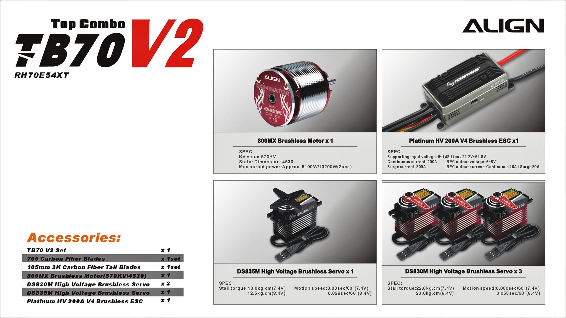 The Align T-REX TB70 V2 RC Helicopter Kit includes a super combo with top features like brushless motor and servo.