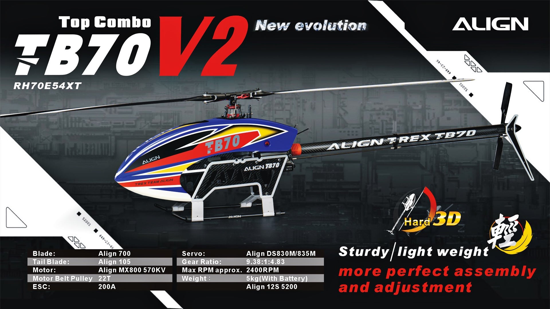 Align T-REX TB70 V2 RC Helicopter, Align T-REX TB-70 V2 RC Helicopter Kit features new evolution, lightweight tail blade, high-performance motor and servo.