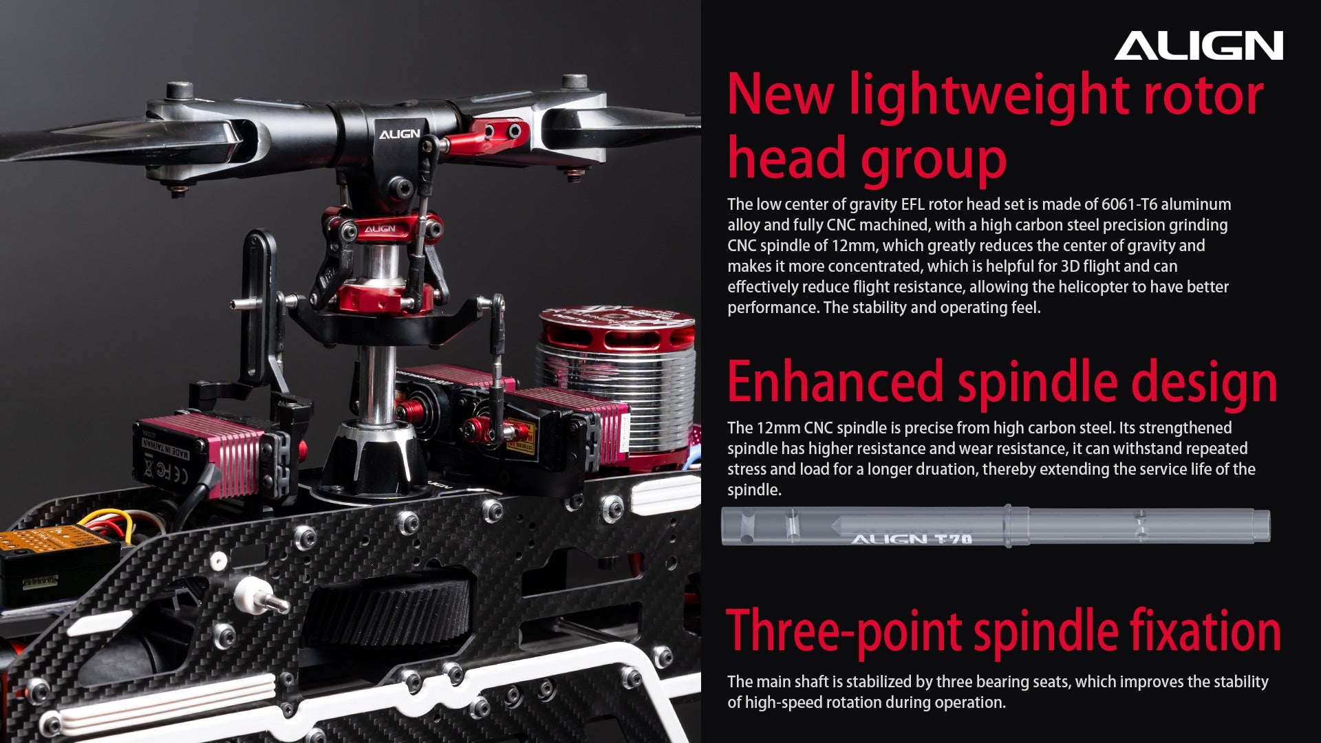 Align T-REX TB70 V2 RC Helicopter, The ALIGN lightweight rotor features low center of gravity EFL head set for reduced flight resistance and improved performance.