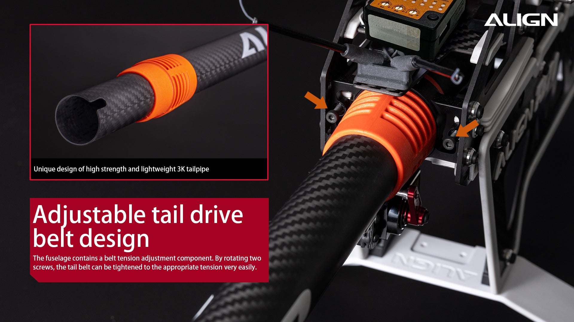 Align T-REX TB70 V2 RC Helicopter, Unique lightweight carbon fiber tailpipe with adjustable drive belt for easy adjustments.