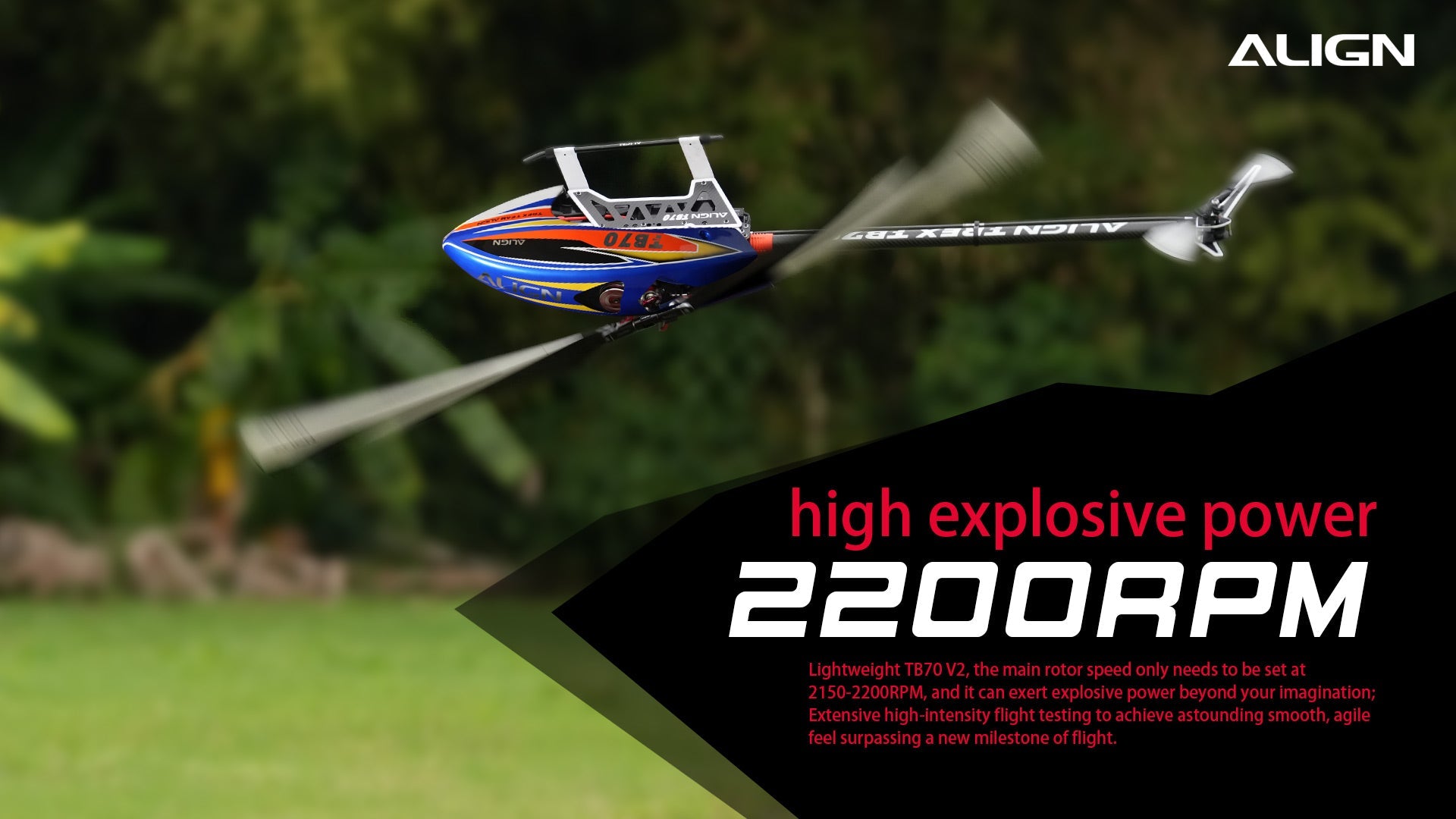 Introducing the ALIGN T-REX TB70 V2 RC Helicopter Kit with lightweight design, high explosive power, and precise control.