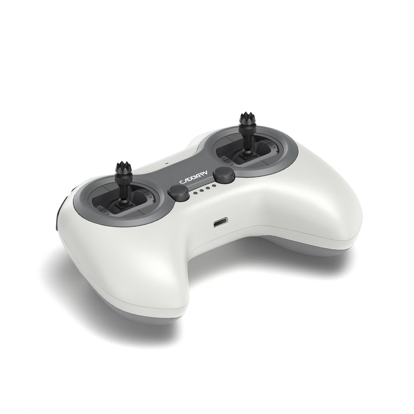 Angled view of white RC controller showing dual joysticks and USB-C port on the front edge