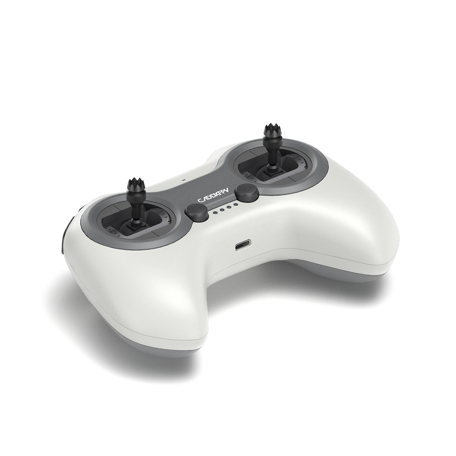 Angled view of white RC controller showing dual joysticks and USB-C port on the front edge