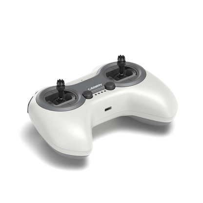 Angled view of white RC controller showing dual joysticks and USB-C port on the front edge