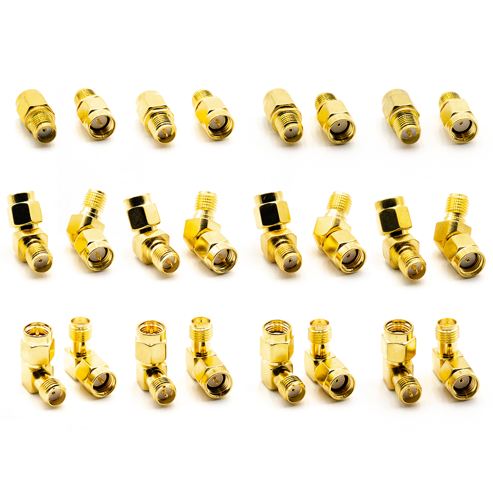 SMA/RP-SMA adapter assortment, gold coaxial connectors shown in straight and right-angle versions