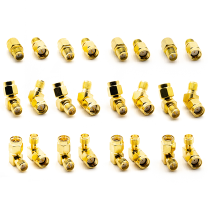 SMA/RP-SMA adapter assortment, gold coaxial connectors shown in straight and right-angle versions