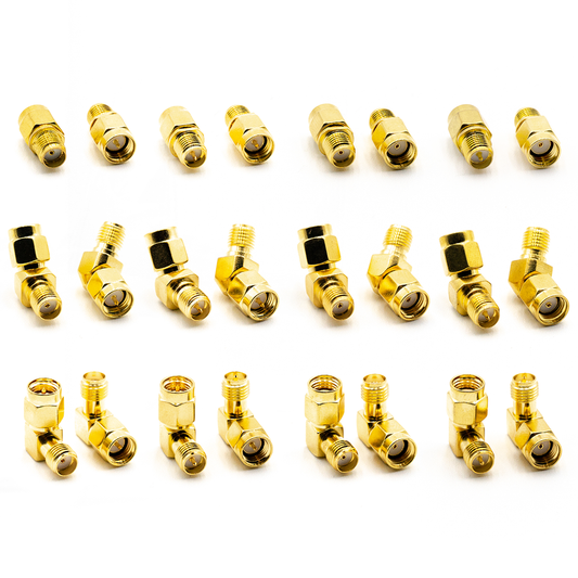 SMA/RP-SMA adapter assortment, gold coaxial connectors shown in straight and right-angle versions