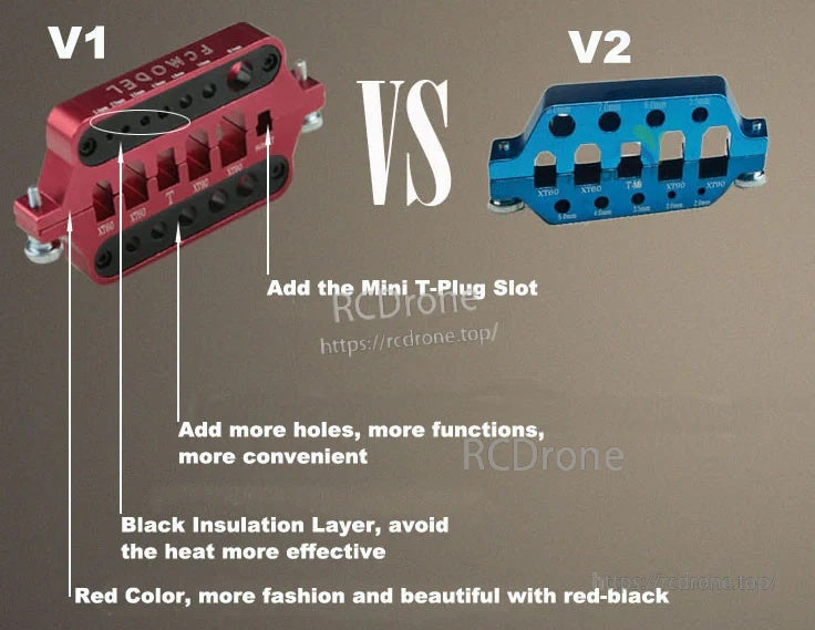 V1 vs V2 comparison of the CNC aluminum RC connector soldering station, highlighting added Mini T-Plug slot and more holes
