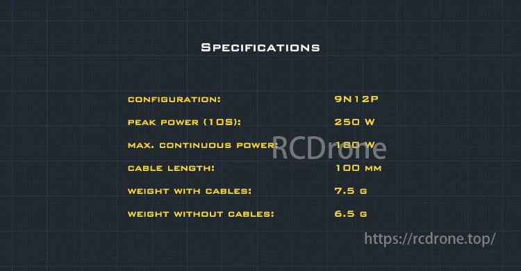 Amax 1303 Brushless Motor, A specification configuration for a device with peak power 10,518W and continuous power 180W.