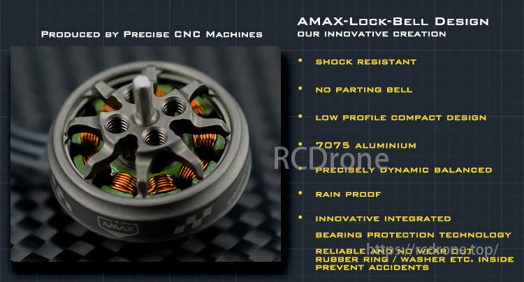 Amax 1303 Brushless Motor. Amax creates innovative parts with lock-bell design. shock resistance. and precision balance. using 7075 aluminum and integrated bearing protection.