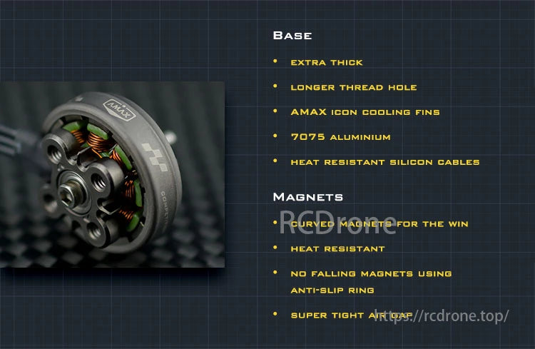 Amax 1303 Brushless Motor, High-performance cooling solution made from 7075 aluminum and featuring heat-resistant silicon cables and curved magnets for tight gap applications.