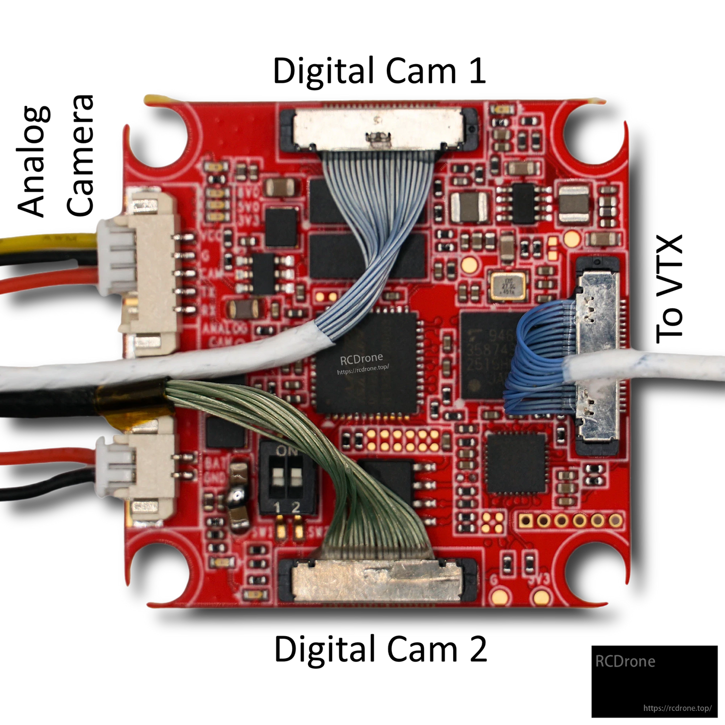 HDZero analog adapter board wired with ribbon cables and JST leads, showing connector placement