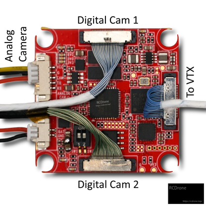 HDZero analog adapter board wired with ribbon cables and JST leads, showing connector placement
