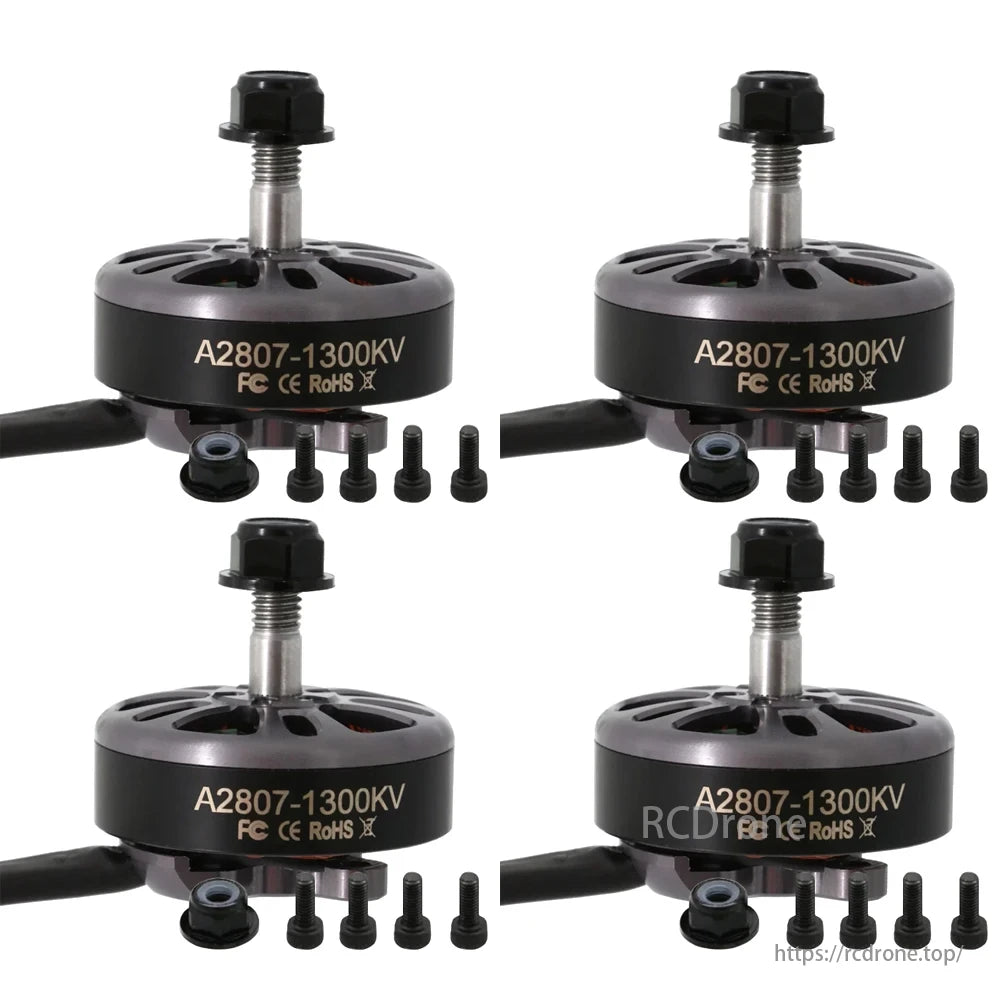 Angel A2807 Brushless Motor, Angel A2807 1300KV brushless motor, FC CE RoHS compliant. Package includes four motors with screws and nuts for assembly.
