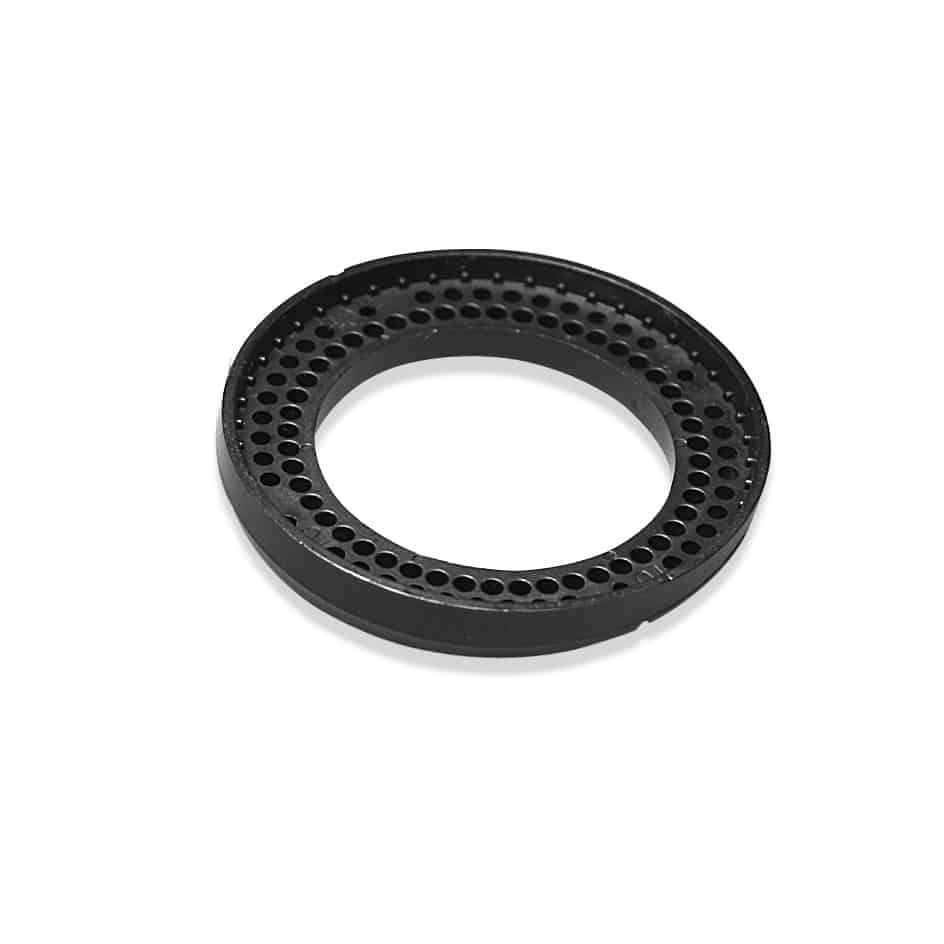 Black perforated angle adapter ring for transmitter mounting, top view on white background